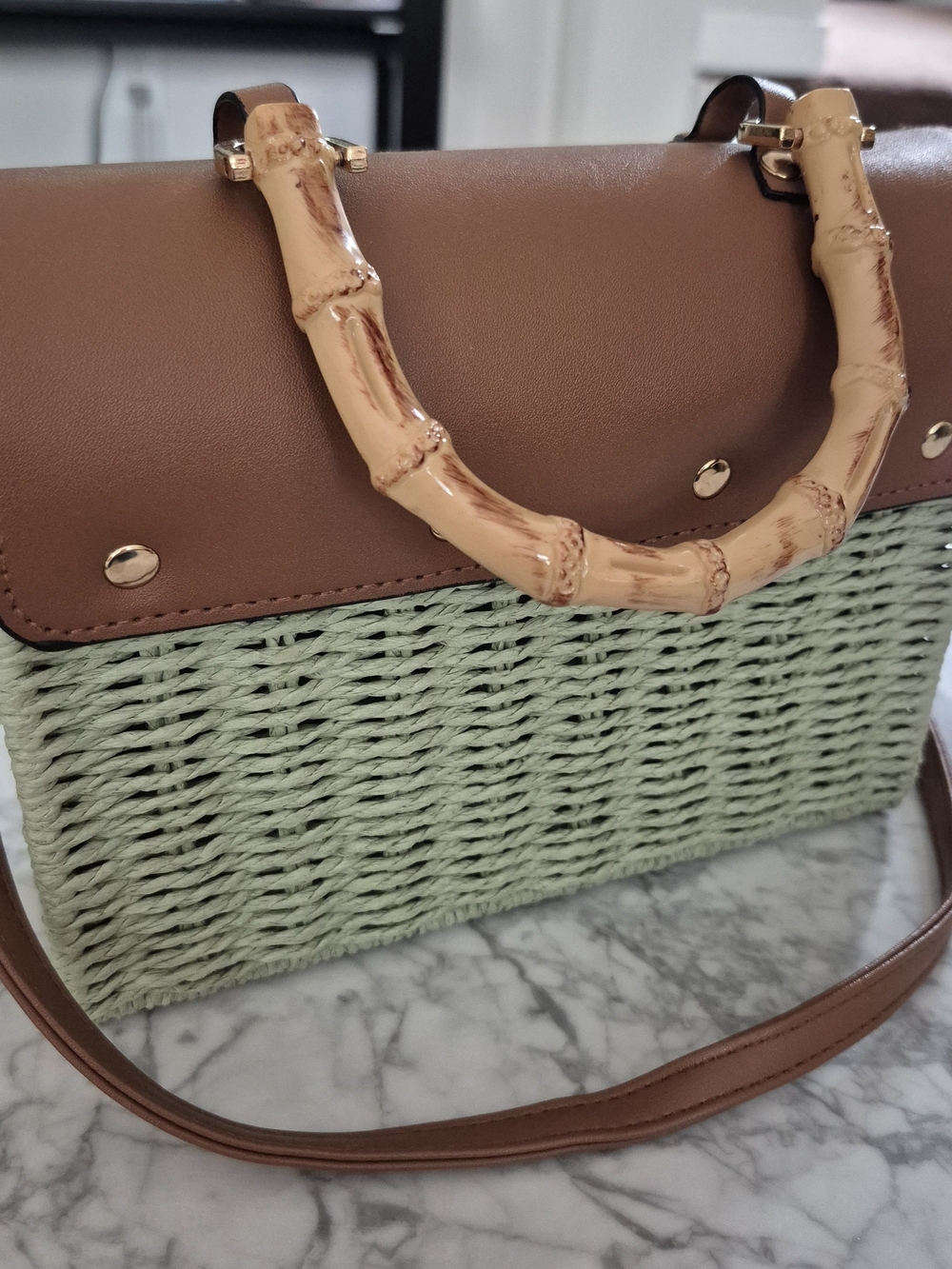 Straw Crossbody Bag with Brown Trim - Picture 4 of 10